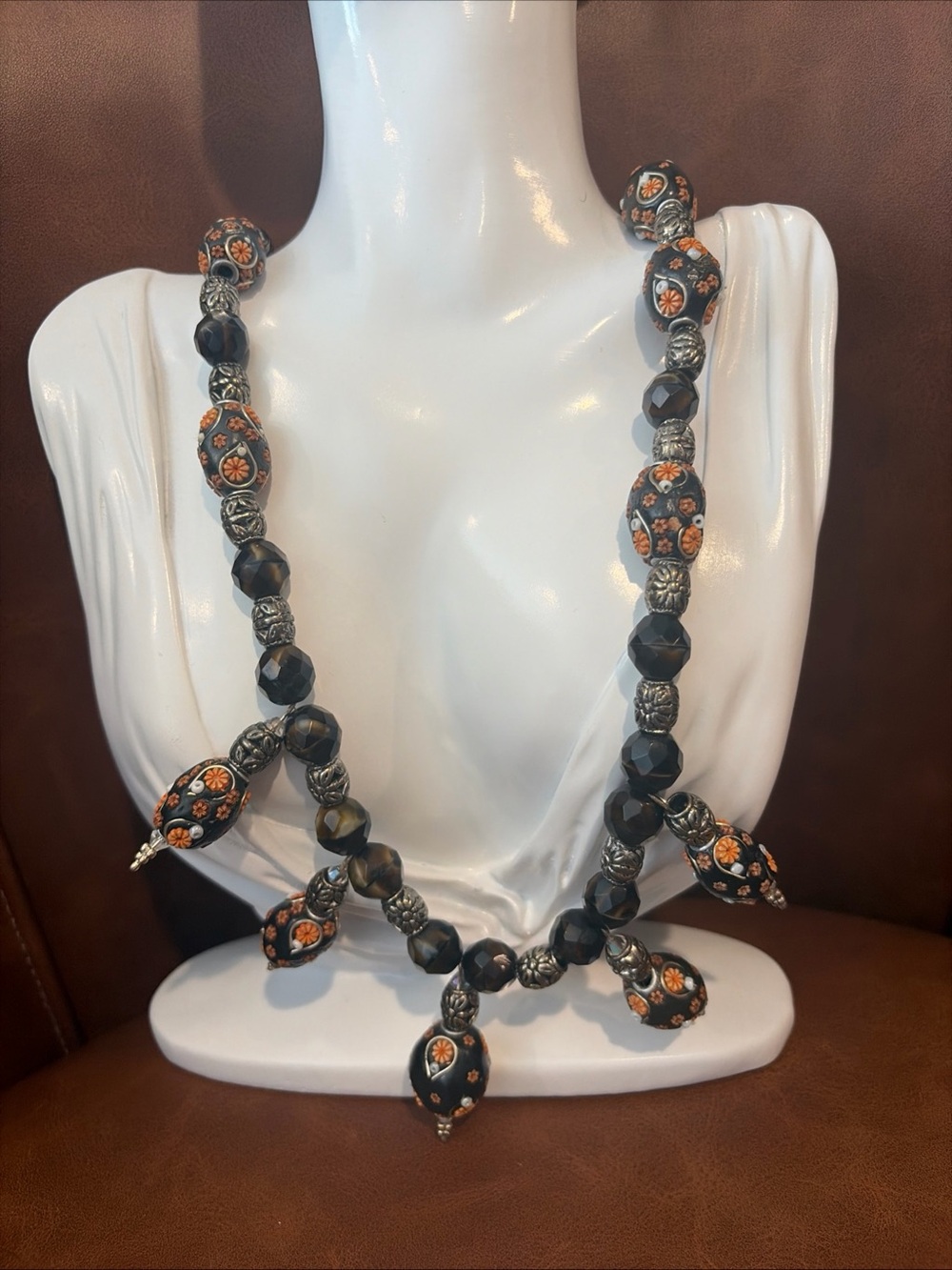 Vintage Beaded Necklace Textured Floral Witchy Boho Whimsigoth Tigers Eye - Picture 1 of 9